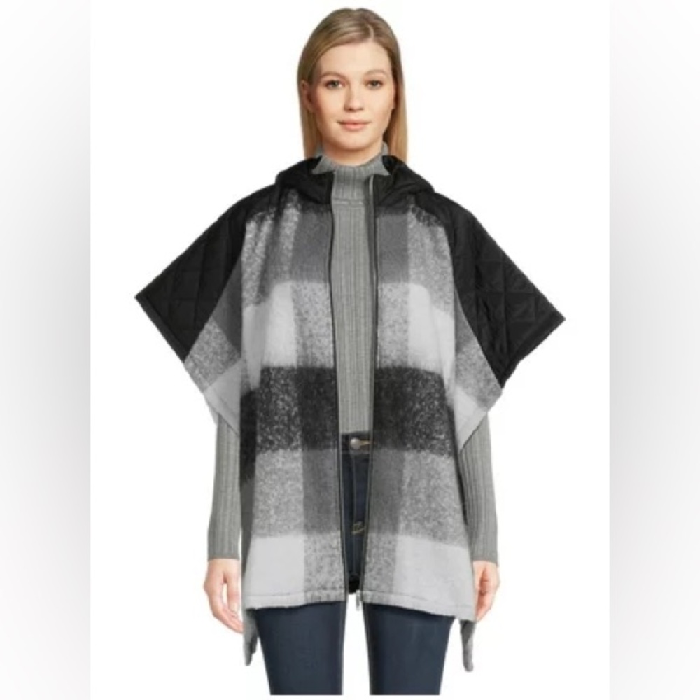 NWT  TIME AND TRU BLACK GRAY PLAID HOODED PONCHO WITH ZIPPER SIZE‎ L/XL